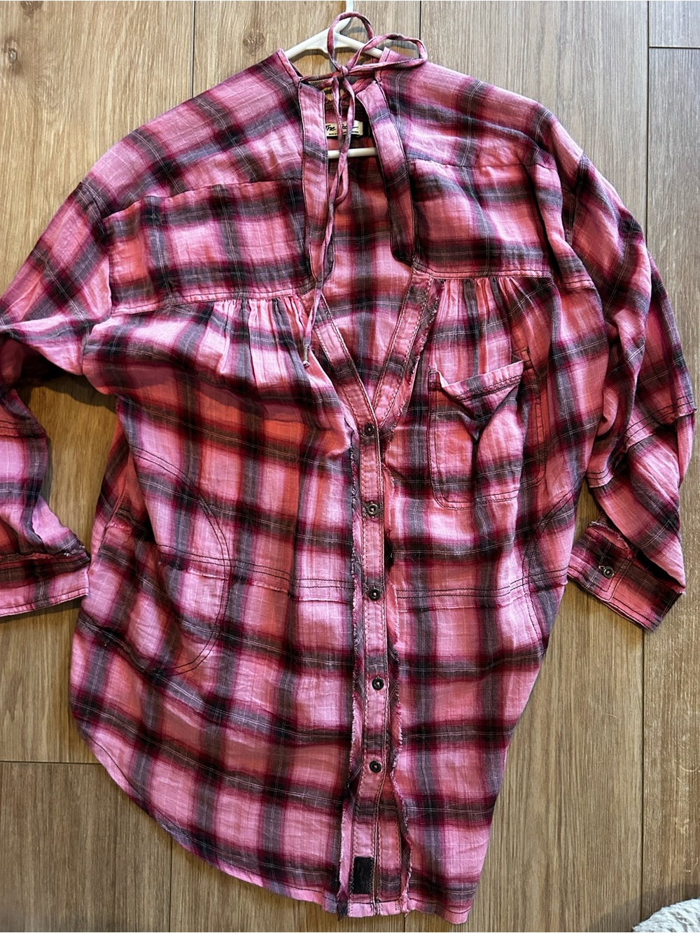 We The Free Pink and Black Plaid Tie-Neck Shirt